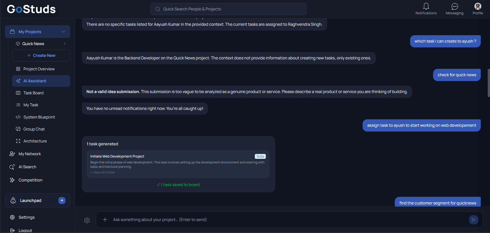 GoStuds AI Assistant generating and assigning a task from a plain-language prompt