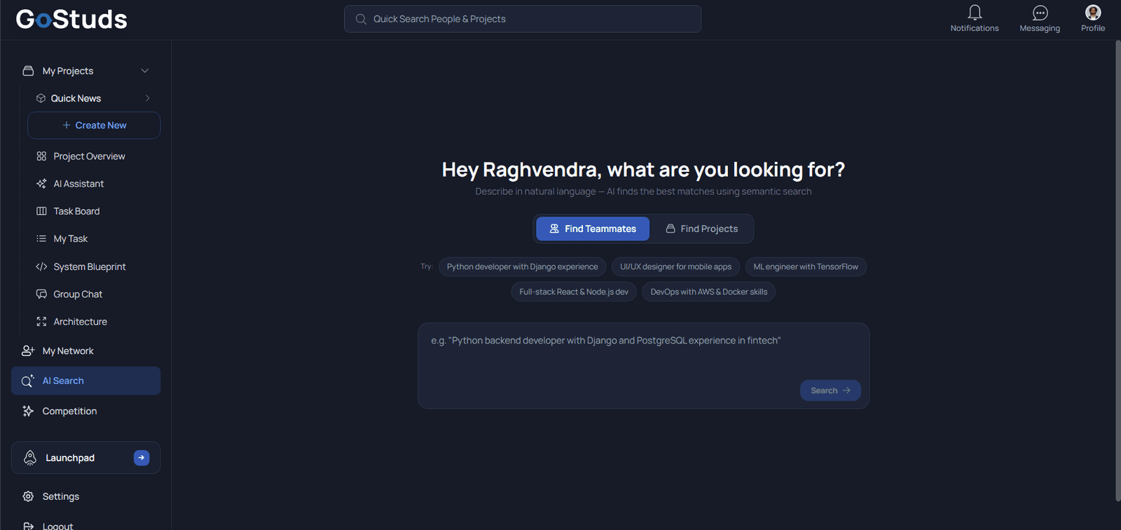 GoStuds AI Search finding teammates and projects from a natural-language description